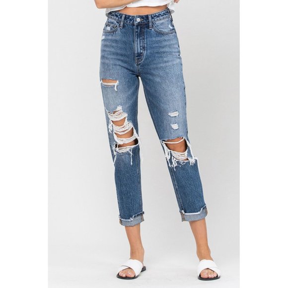 Vervet Denim - Distressed High Rise Mom Jeans Slim Fit | Vervet